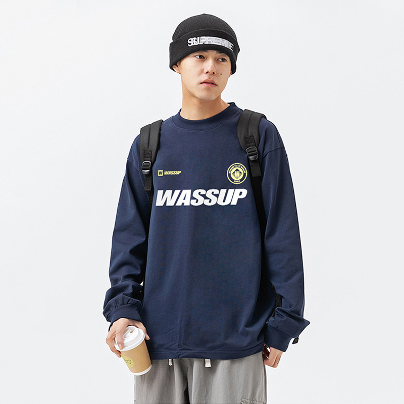 WASSUP潮牌美式重磅纯棉长袖T恤男秋季宽松休闲学生百搭圆领上衣