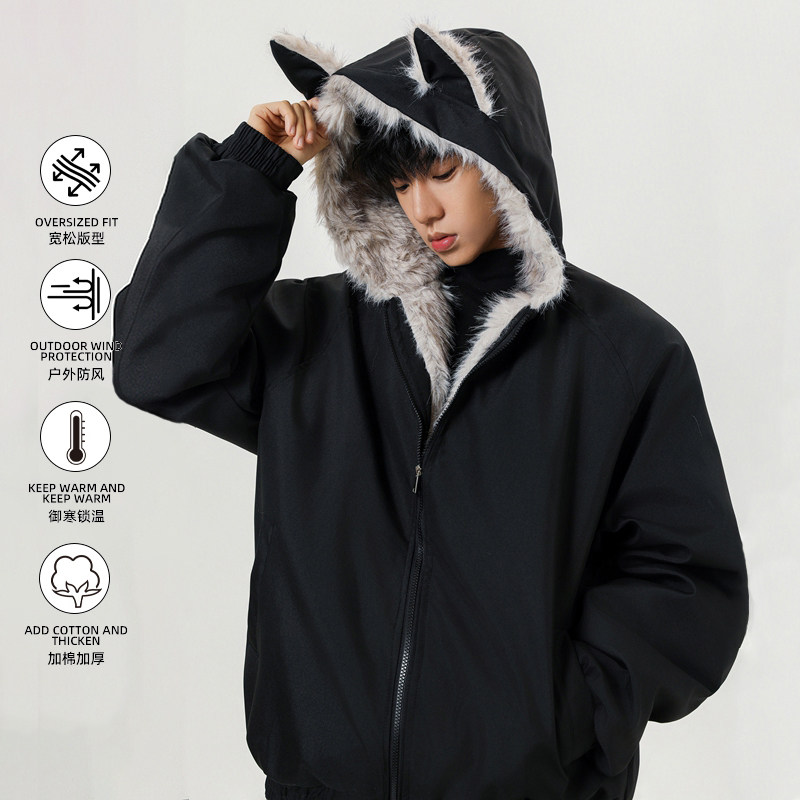 WASSUP座山雕猫耳棉服外套男款冬季cleanfit加厚美式复古毛领棉衣