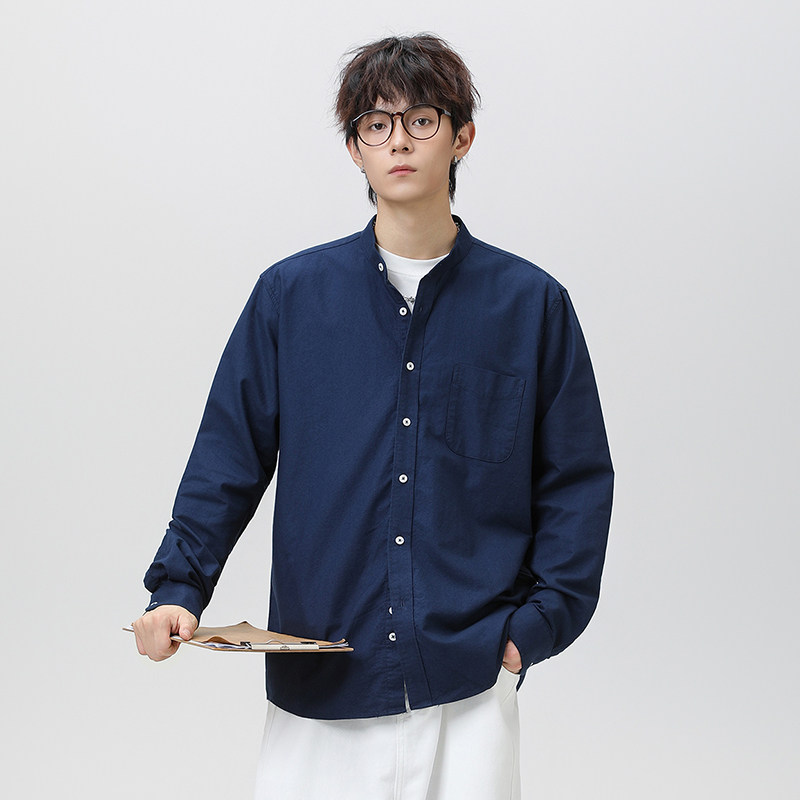 WASSUP深蓝商务纯棉立领长袖衬衫男士春秋春日亨利领薄款外套上衣