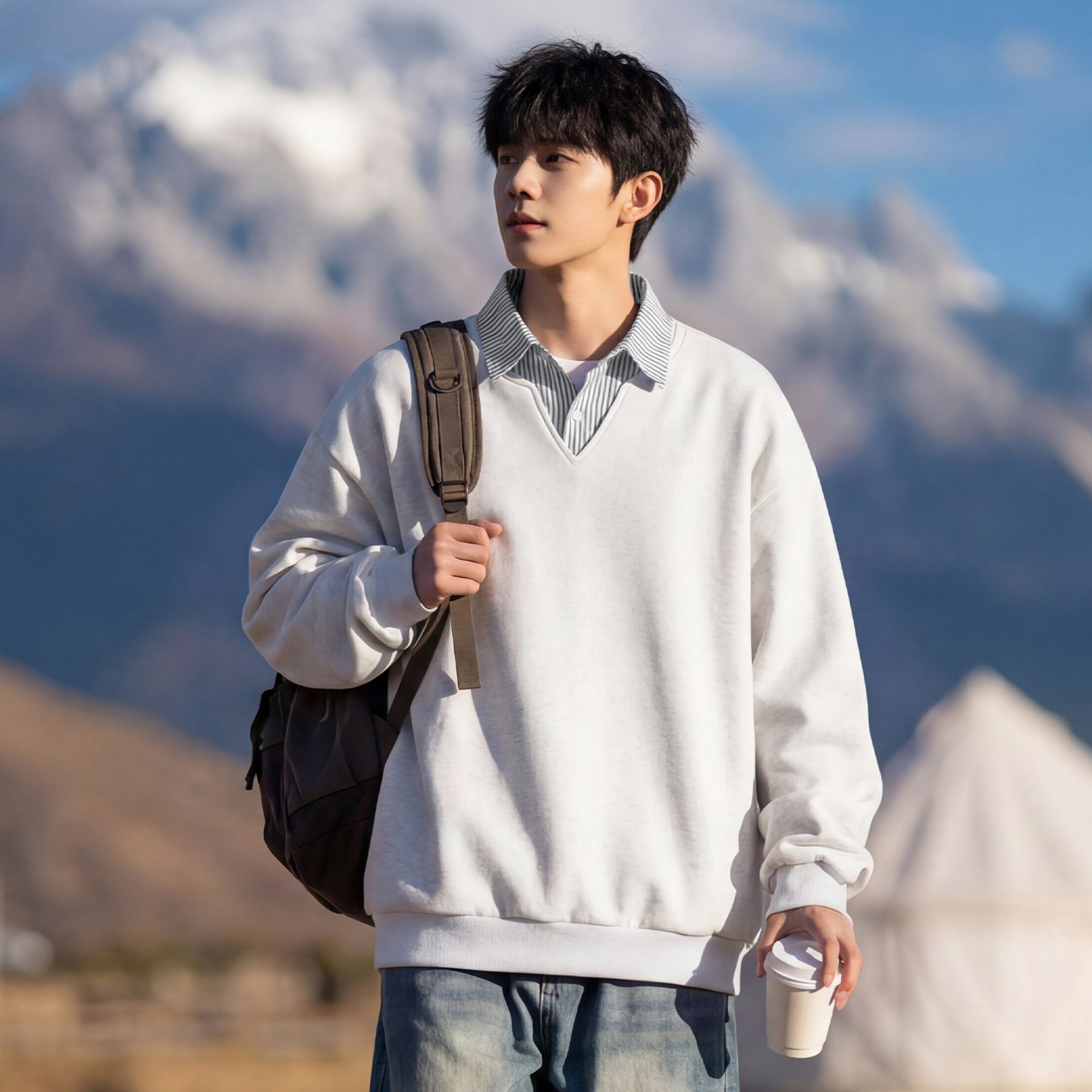 WASSUP美式假两件polo衫卫衣男春秋2026新款青少年长袖翻领上衣服