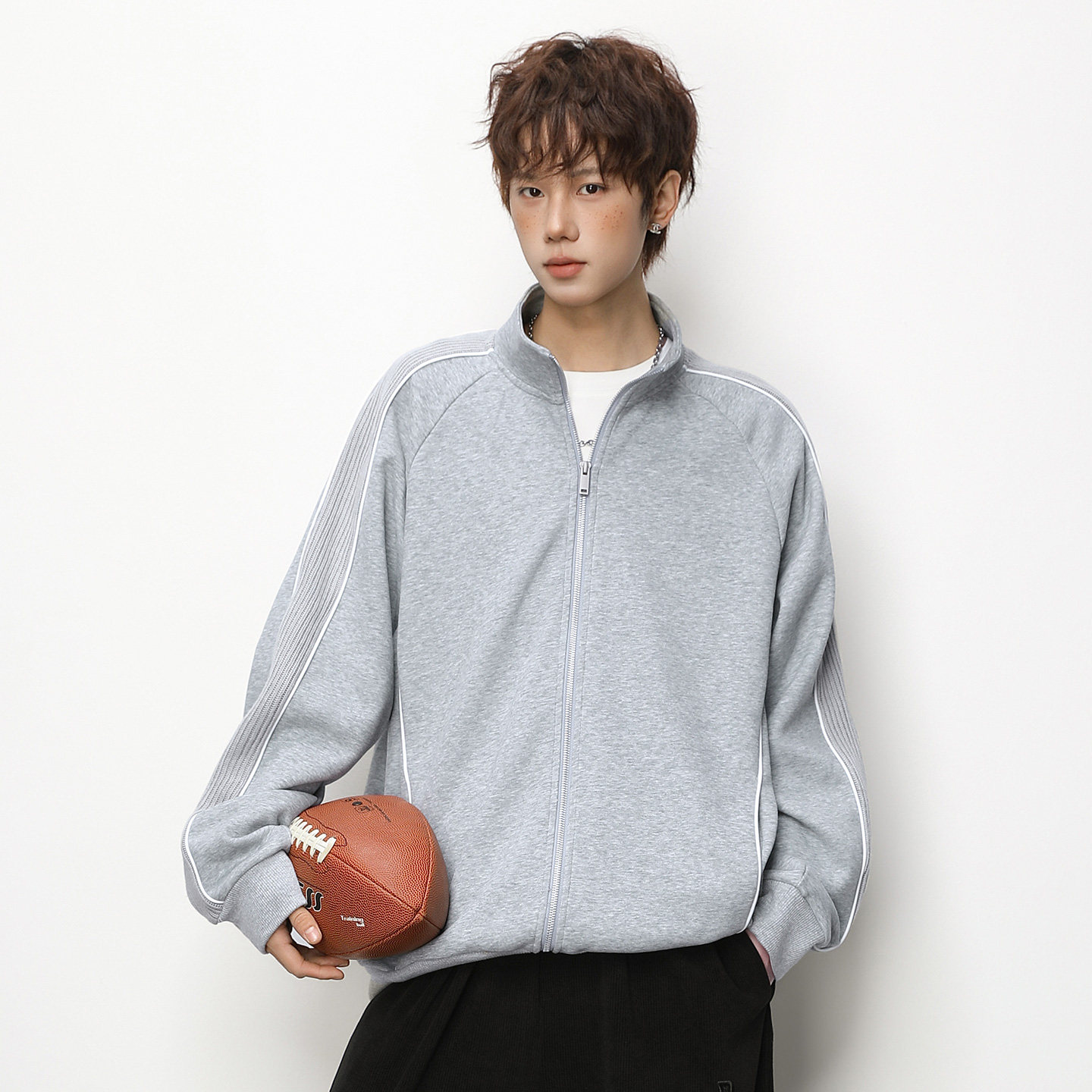 WASSUP美式复古立领拼边卫衣夹克男宽松cleanfit休闲运动开衫外套