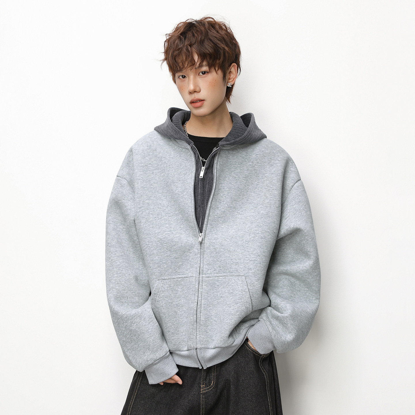 WASSUP高级感复古撞色假两件针织帽衫男春秋新款美式潮牌夹克外套