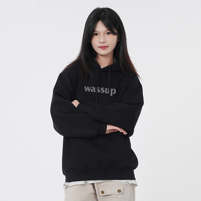 WASSUP基础字母印花黑色连帽卫衣男女款秋冬加绒美式潮牌上衣外套