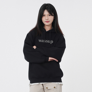 WASSUP基础字母印花黑色连帽卫衣男女款秋冬加绒美式潮牌上衣外套