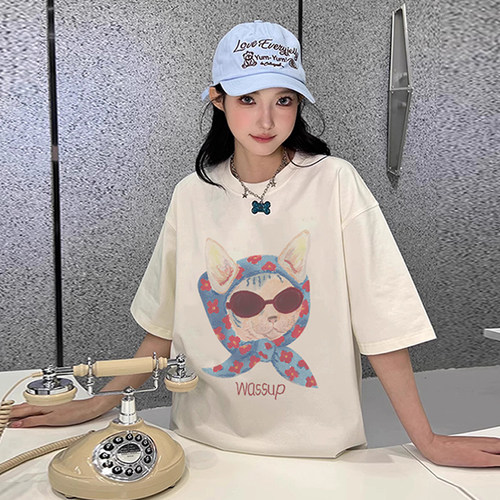 WASSUP潮牌卡通猫咪短袖T恤女