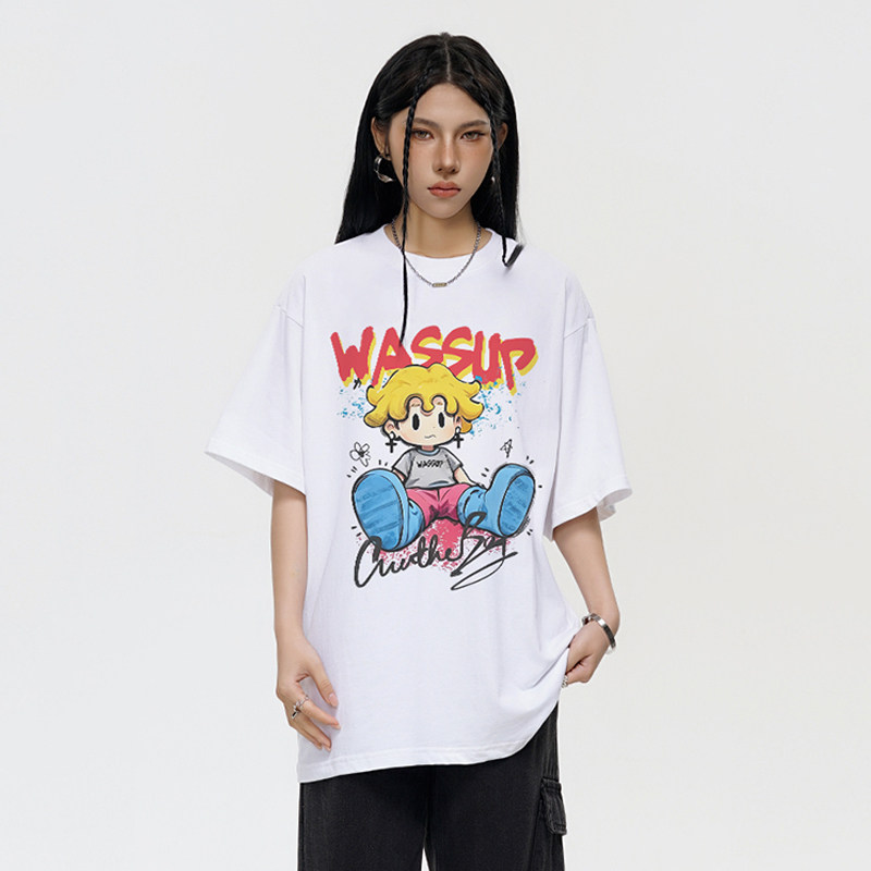 WASSUP美式趣味卡通短袖T恤男夏季潮牌新款潮流宽松休闲情侣上衣