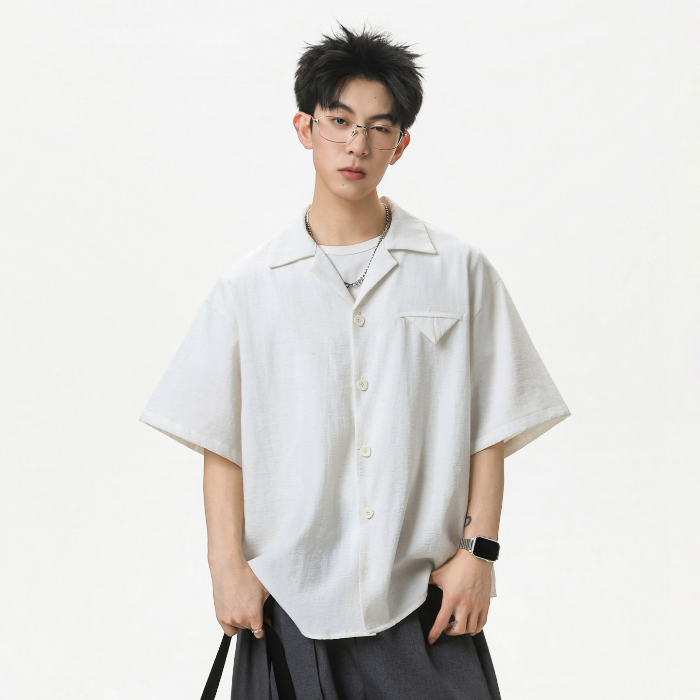 WASSUP纯色亚麻古巴领短袖衬衫夏季潮流垂感男T恤高级感衬衣半袖