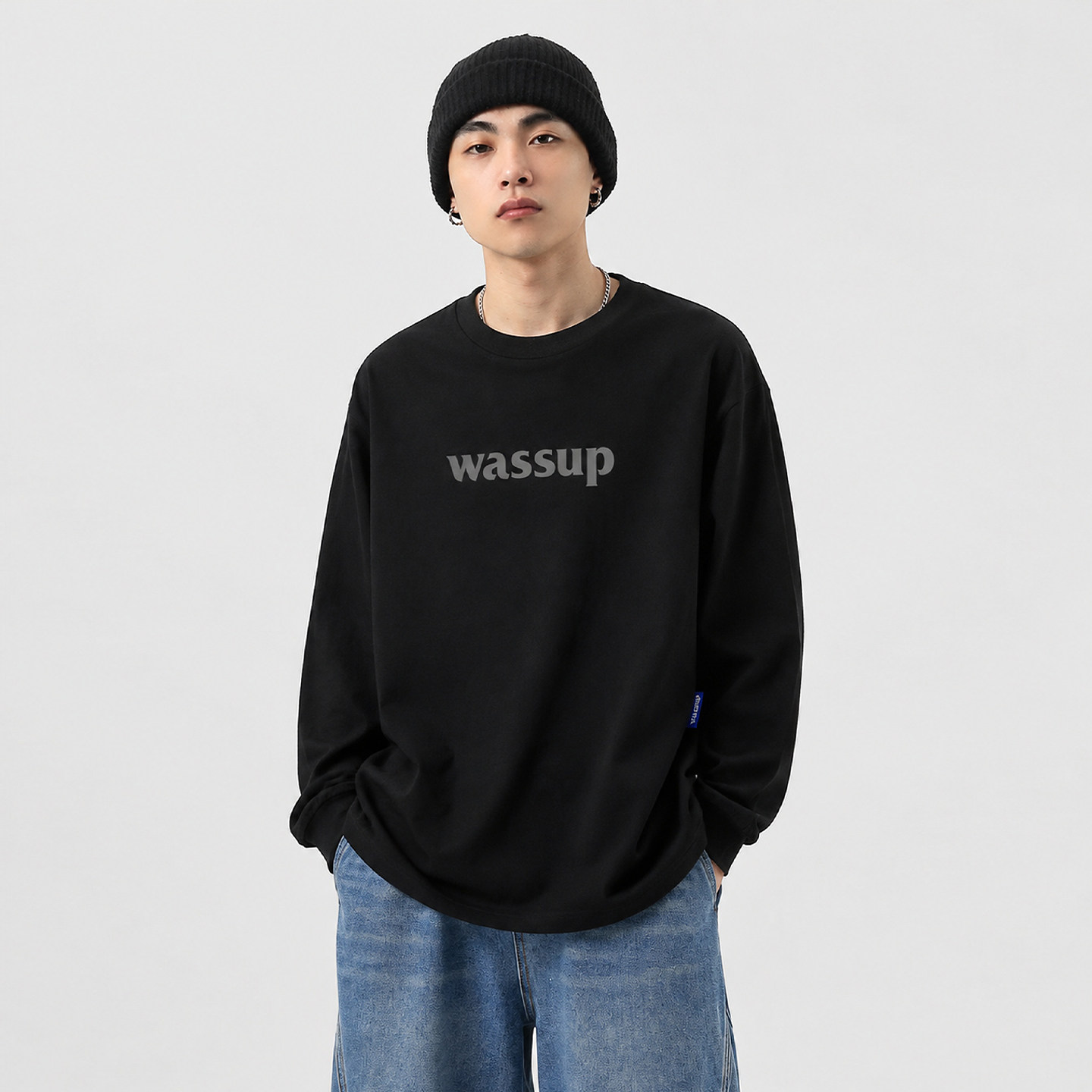 WASSUP潮牌简约字母长袖T恤男春