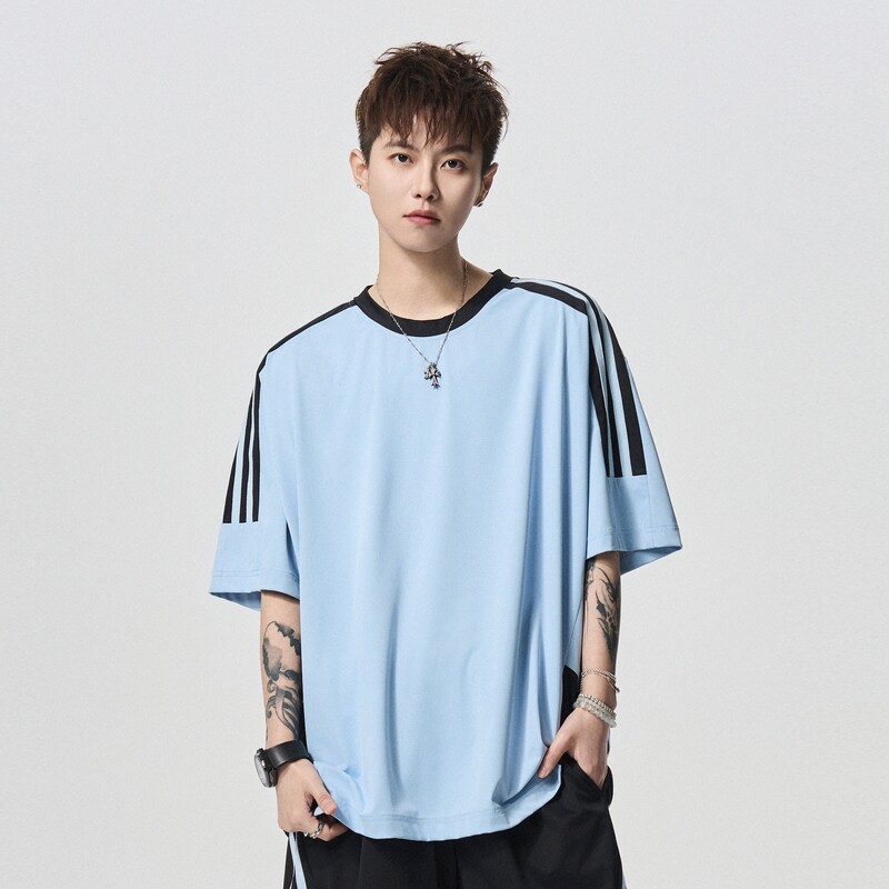 WASSUP潮牌美式复古三条杠短袖T恤男夏季新款薄款运动休闲上衣服