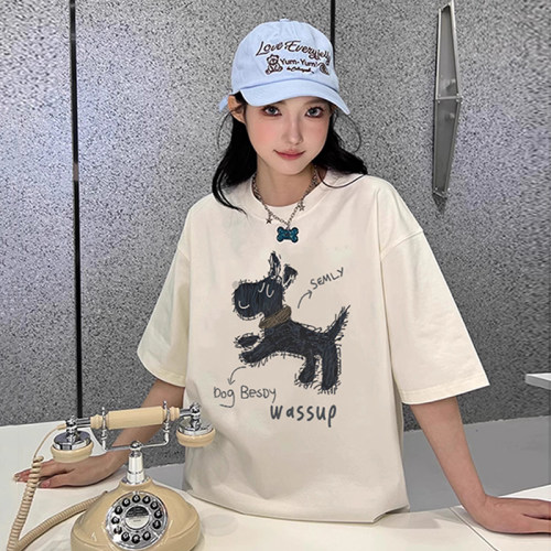 WASSUP线条狗狗短袖T恤男夏季简