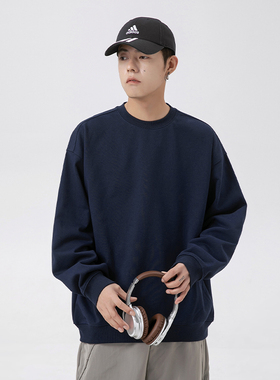 WASSUP潮牌美式重磅圆领卫衣男春秋内搭宽松纯色打底上衣加绒情侣