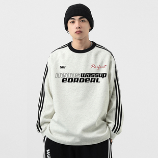 WASSUP潮牌米灰色复古圆领字母长袖卫衣男春秋季新款宽松休闲上衣