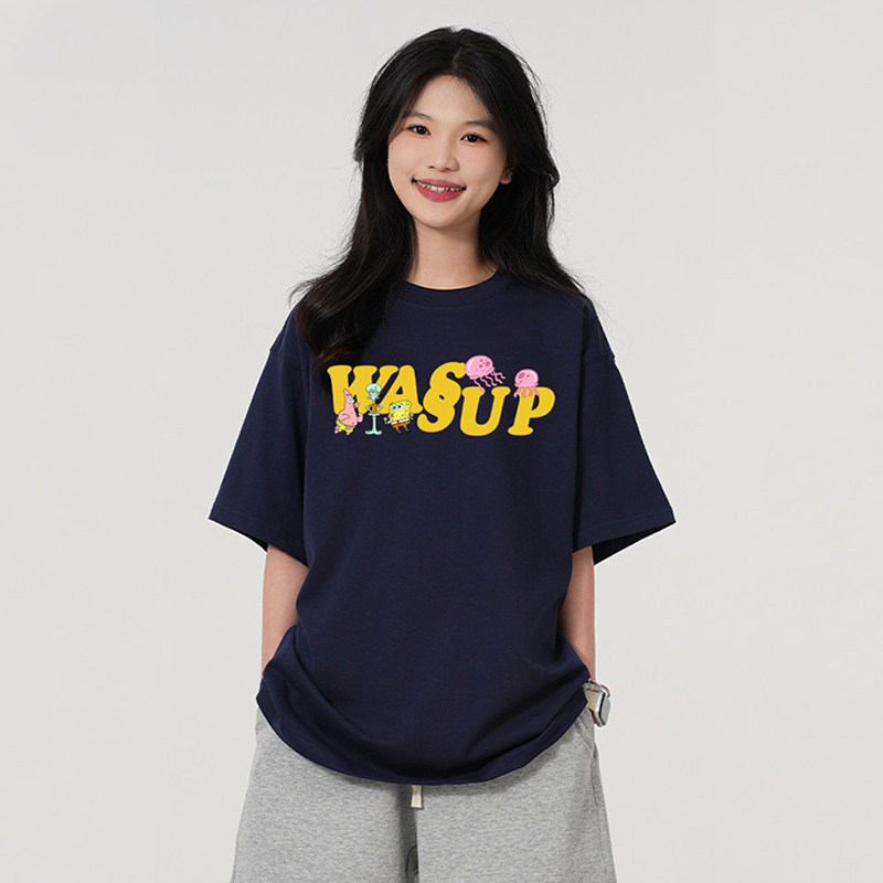 WASSUP美式卡通海绵宝宝字母短袖