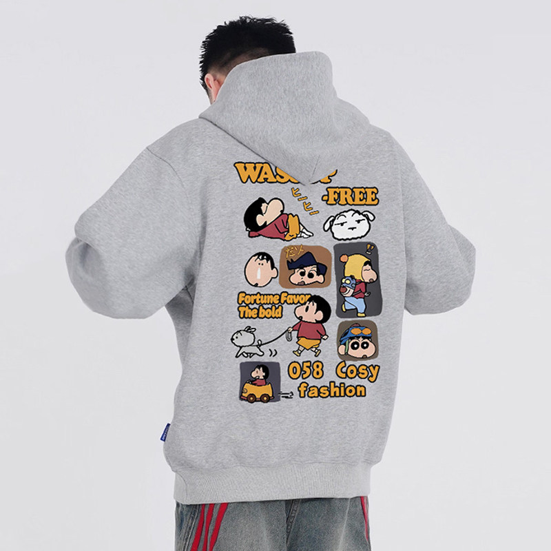WASSUP新之助家族重磅灰色卫衣男秋冬加绒宽松休闲情侣连帽衫上衣