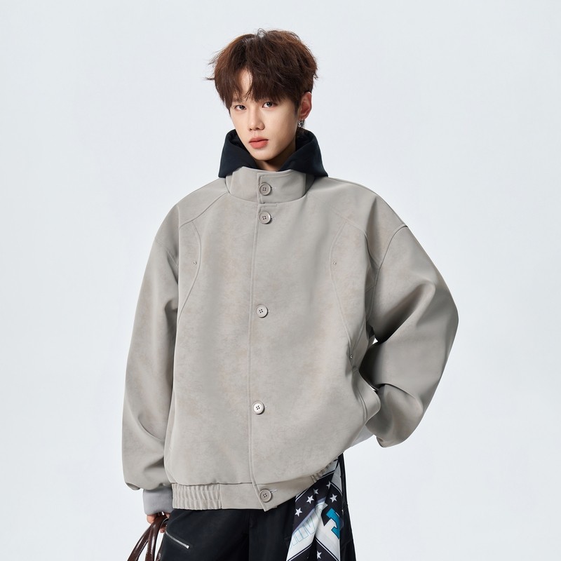 WASSUP美式高街假两件连帽pu皮夹克男高街复古高级感痞帅皮衣外套