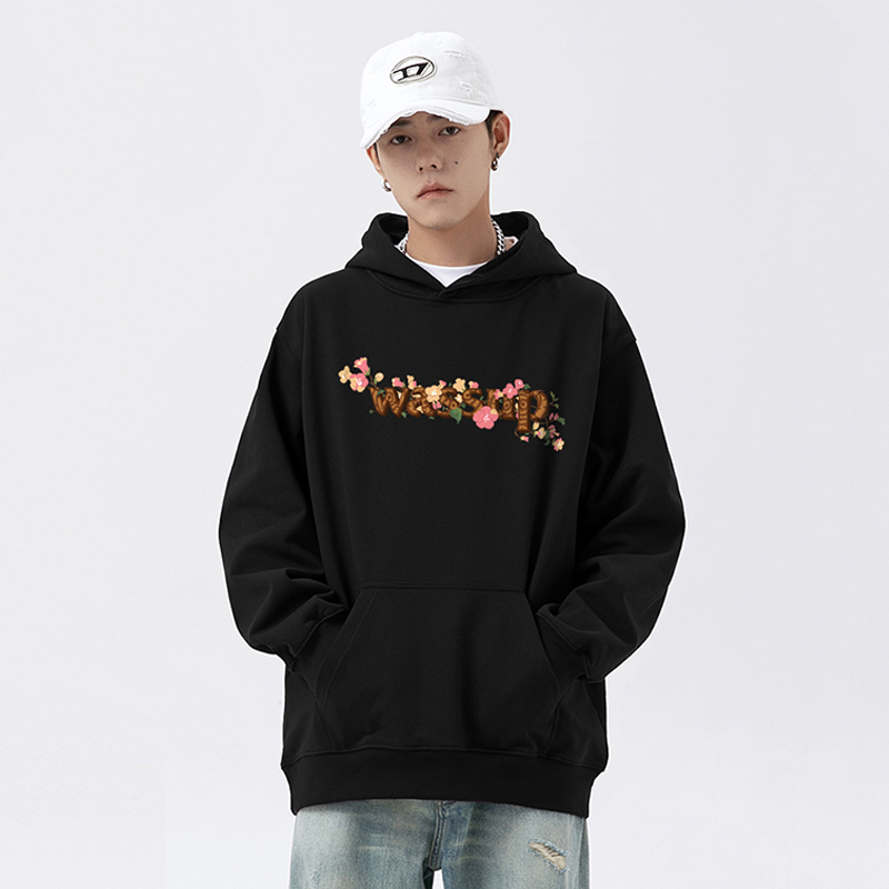 WASSUP花朵缠绕字母连帽卫衣男士秋冬美式街头情侣国潮牌套头上衣