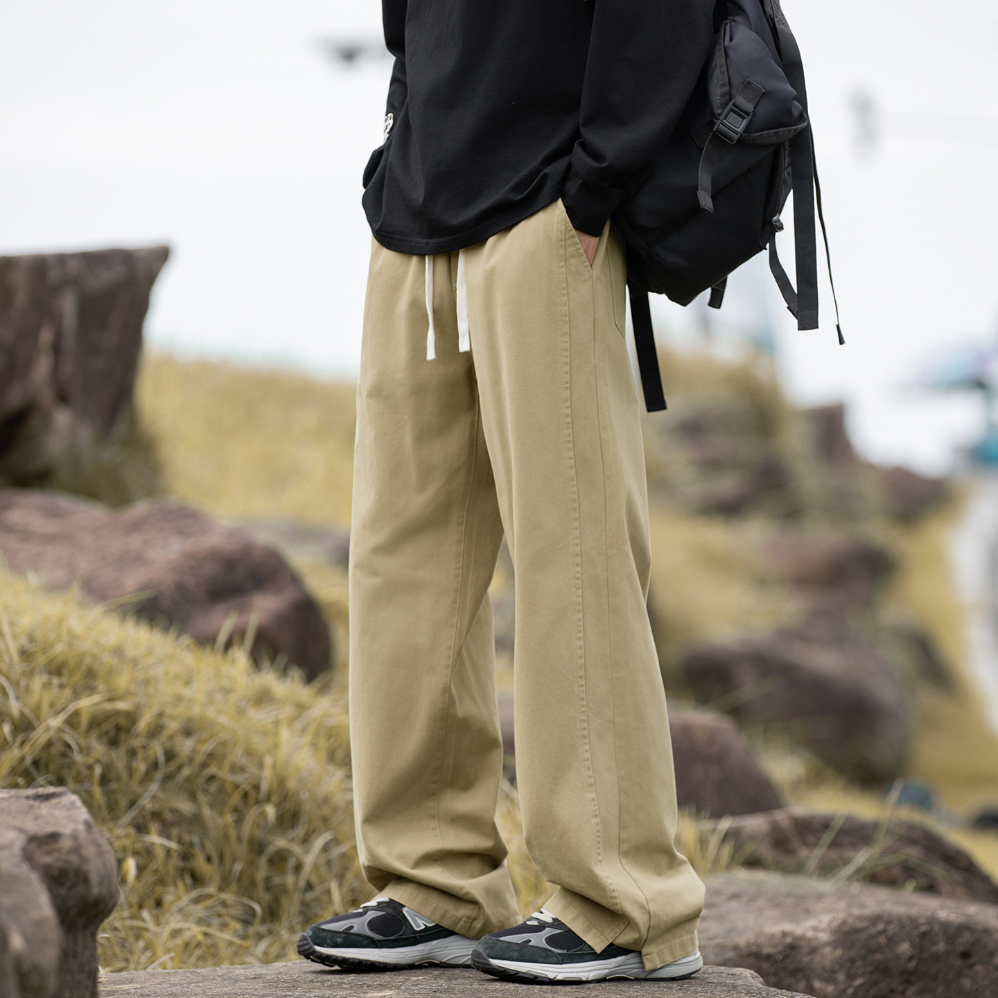 WASSUP卡其复古加绒直筒工装裤男