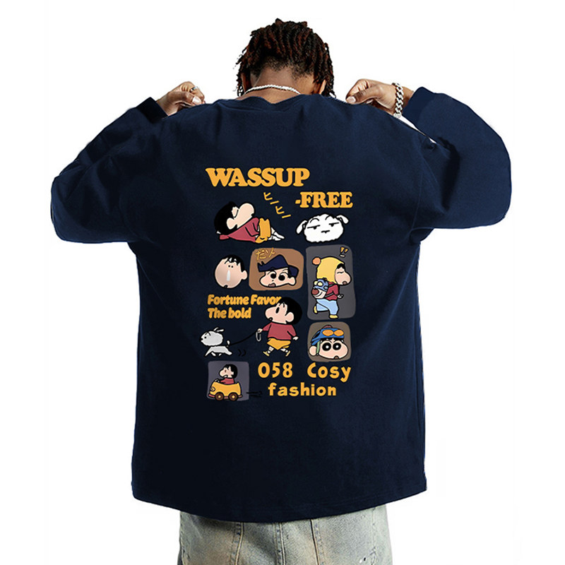 WASSUP新之助重磅长袖T恤男秋季宽松休闲潮流百搭情侣圆领体恤衫