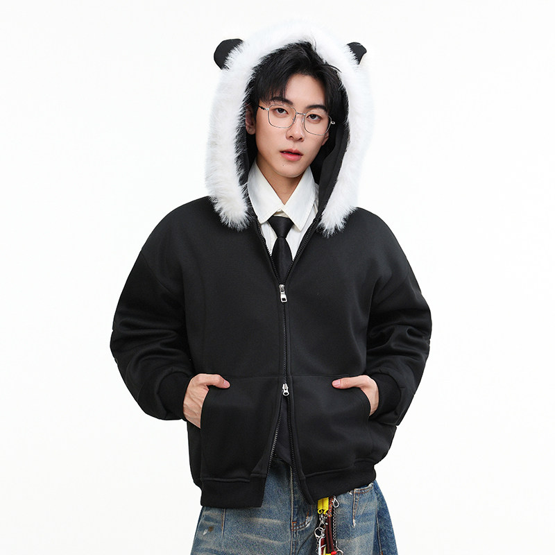 WASSUP重磅短款兔耳朵连帽卫衣男女秋冬宽松潮牌情侣连帽上衣外套