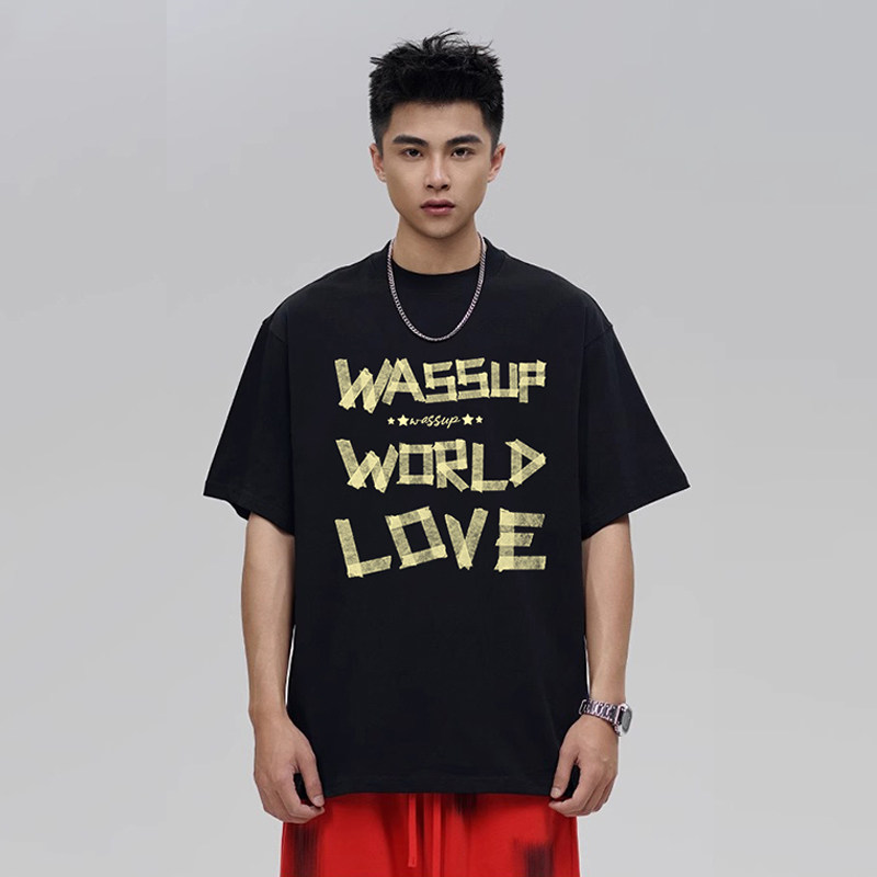 WASSUP纱布字母工艺T恤短袖男女