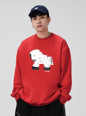 WASSUP中国红马年卫衣男女款秋冬加绒宽松休闲潮流新年圆领上衣服