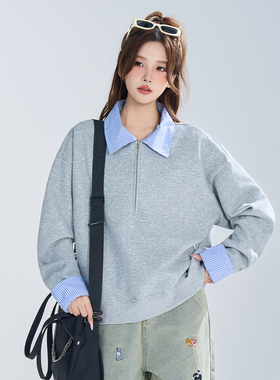 WASSUP复古条纹拼接翻领假两件卫衣女秋季灰色宽松慵懒风美式上衣
