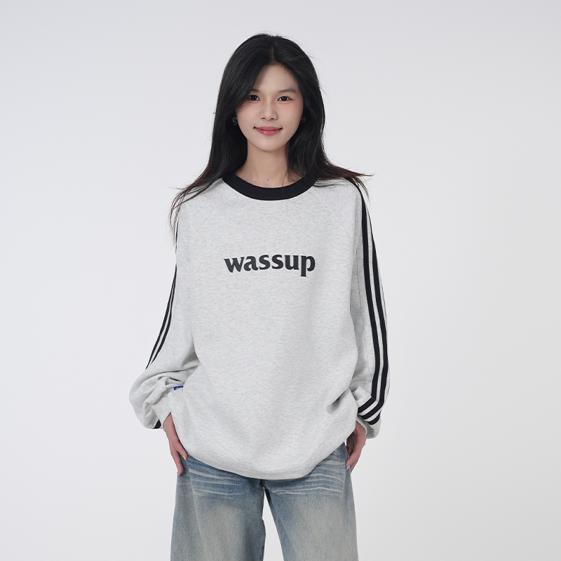 WASSUP米灰色美式运动休闲条纹长袖卫衣女秋季宽松百搭情侣上衣服