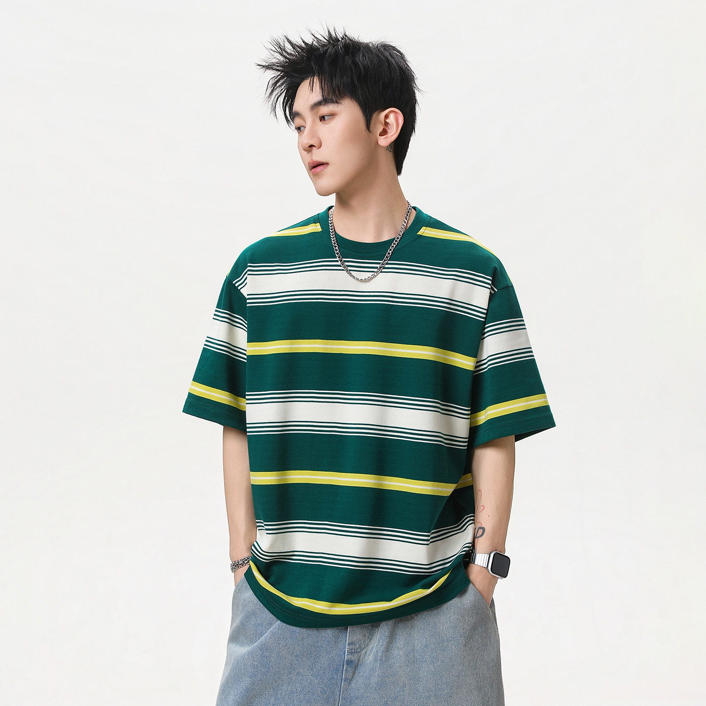 WASSUP美式拼色条纹短袖T恤男夏季2026新款宽松百搭圆领半袖上衣