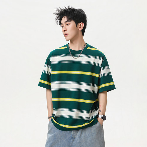 WASSUP美式拼色条纹休闲短袖T恤