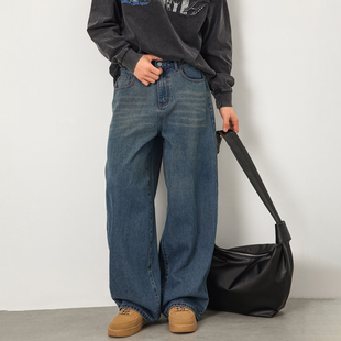 WASSUP潮牌春季新款复古水洗猫须弯刀牛仔长裤男美式休闲阔腿裤子