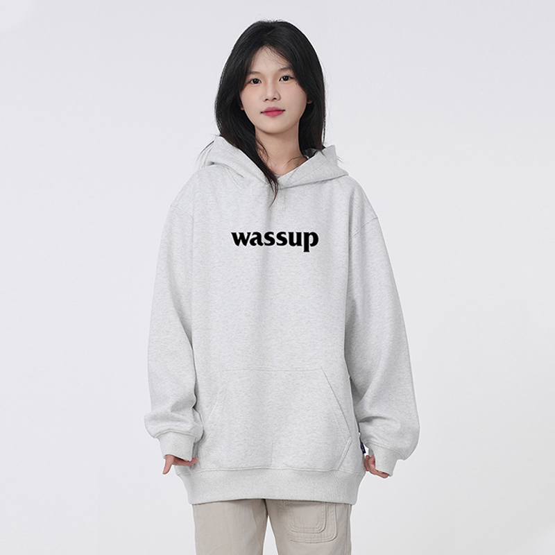 WASSUP米灰色美式重磅连帽卫衣