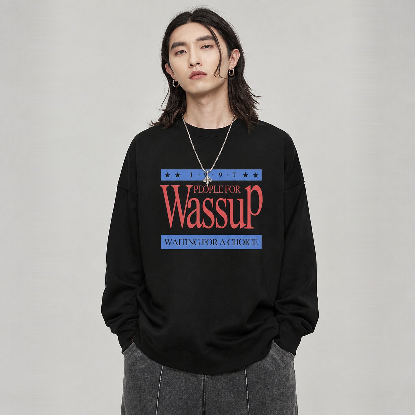 WASSUP美式复古旧宣浪潮长袖T恤