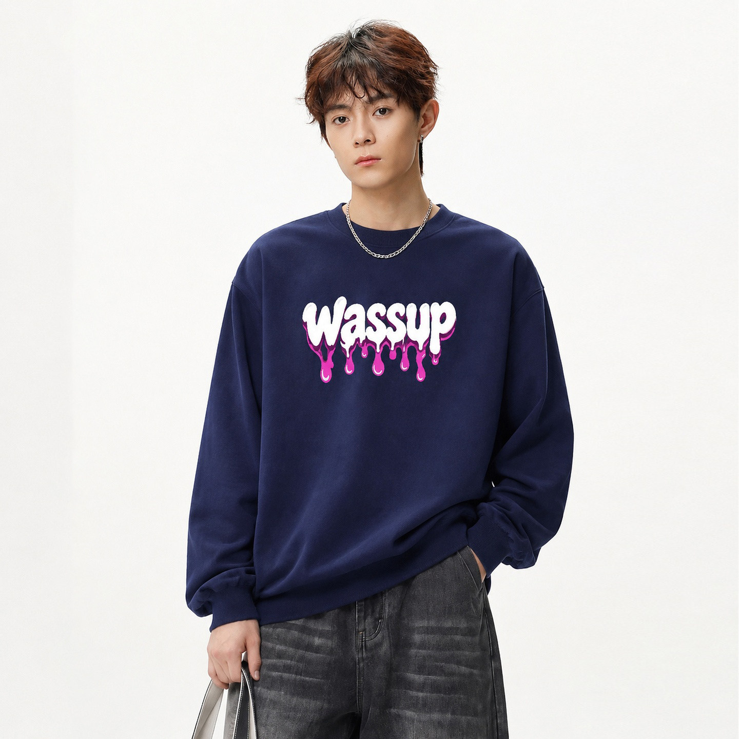 WASSUP美式涂鸦字母圆领卫衣男女