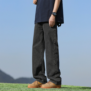 子 WASSUP水洗牛仔裤 男夏季 高街冰丝薄款 宽松直筒阔腿黑色休闲长裤