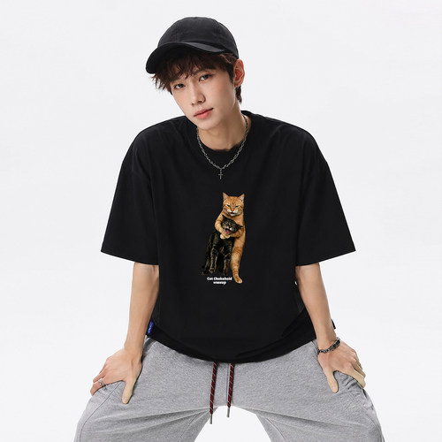 WASSUP锁喉猫印花短袖T恤男女夏