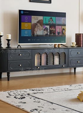 法式复古白蜡木小户型家用客厅实木中古风储物柜美式风茶几电视柜