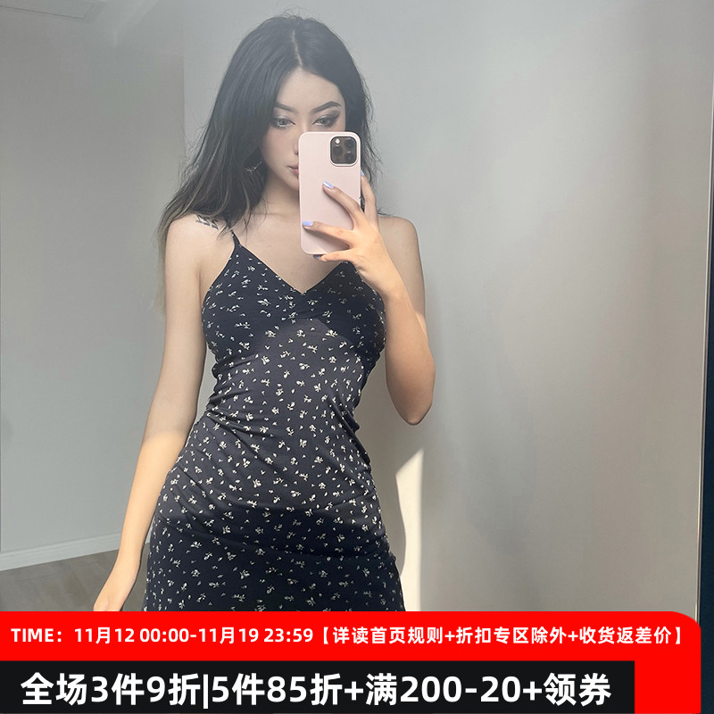 DARLINGAGA田园风甜妹碎花吊带裙女收腰显瘦A版包臀修身打底裙夏