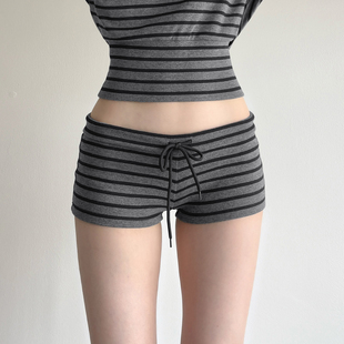 DARLINGAGA美式复古撞色条纹针织休闲裤女系带低腰紧身运动裤短裤