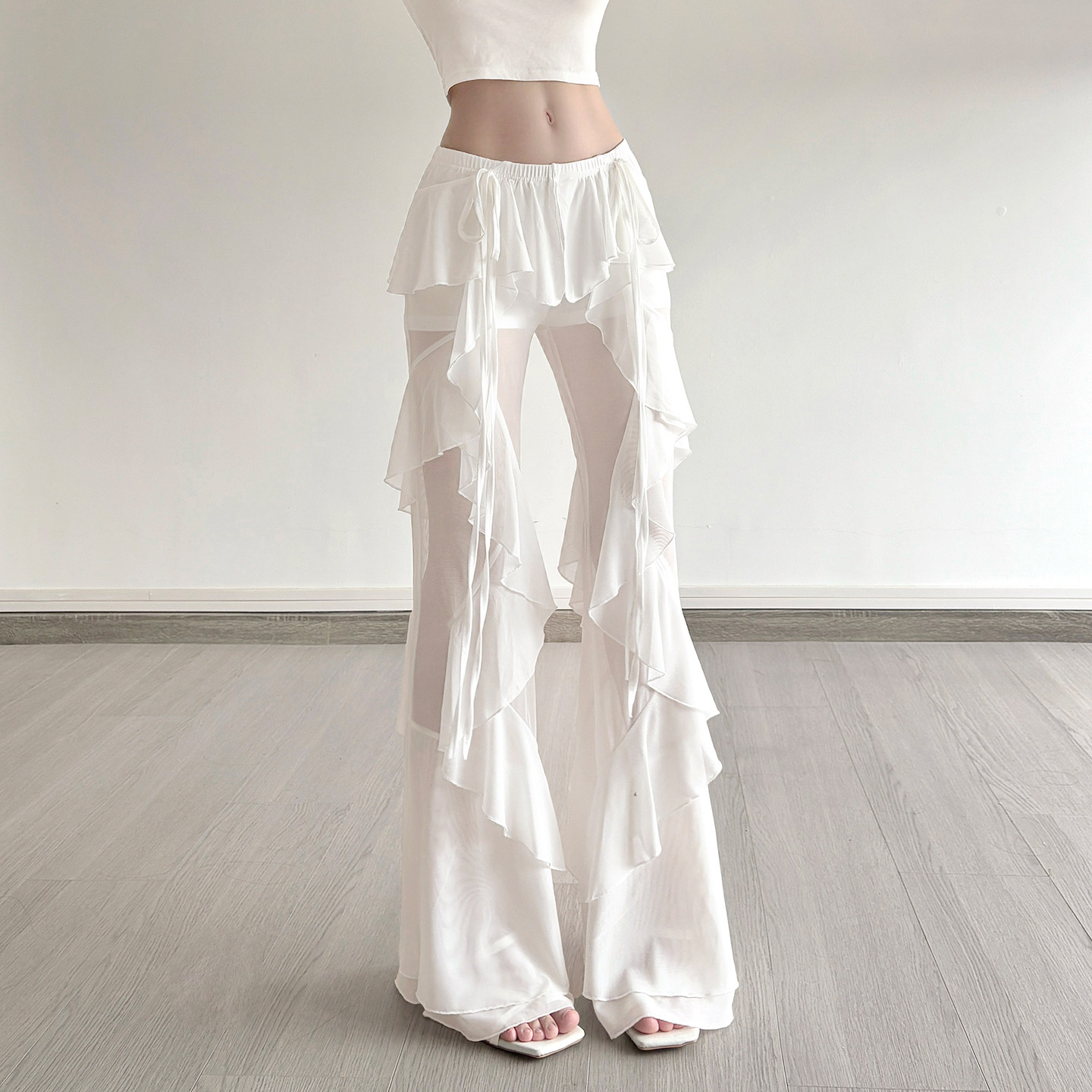 DARLINGAGA纯欲性感网纱微透荷叶边休闲裤女系带修身显瘦喇叭长裤