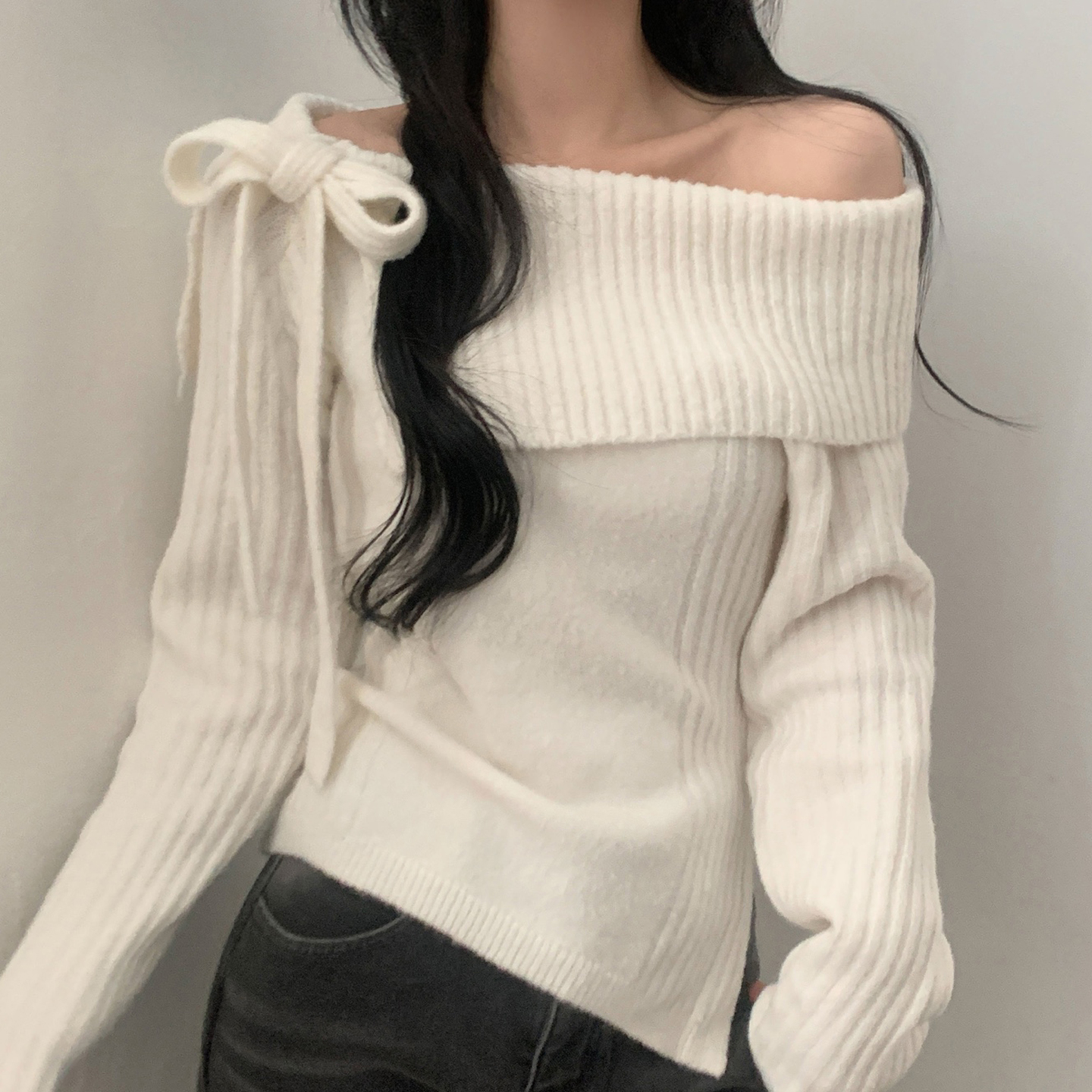 温柔甜美风一字肩蝴蝶结绑带毛衣