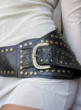 DARLINGAGA欧美复古鸡眼宽腰带女收腰金属扣铆钉做旧皮带街头腰饰