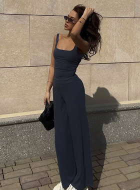 DARLINGAGA美式街头深蓝色运动休闲套装女低胸方领背心+宽松长裤