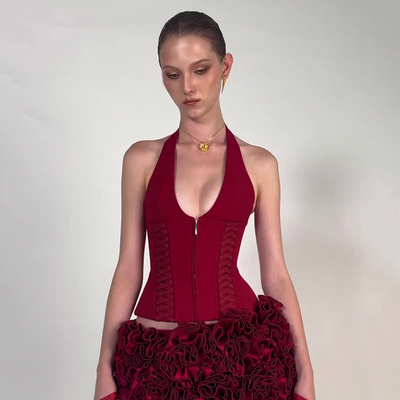 美式辣妹复古红色U领挂脖背心