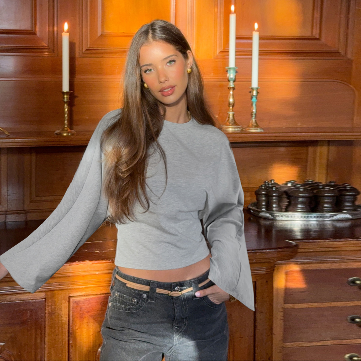 基础纯色百搭圆领落肩长袖T恤