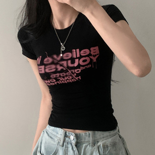 DARLINGAGA美式 露脐上衣 简约撞色字母印花短袖 t恤女基础圆领修身