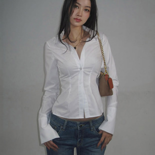 DARLINGAGA基础纯色百搭修身翻领衬衫女简约通勤收腰显瘦长袖上衣