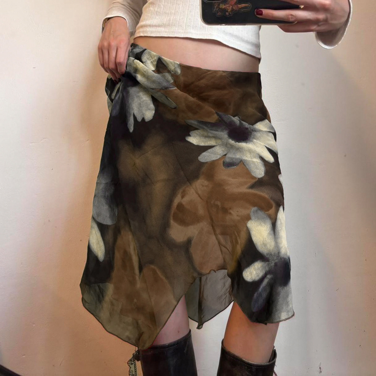 DARLINGAGA新中式复古花卉印花网纱半身裙女时髦百搭不规则中长裙