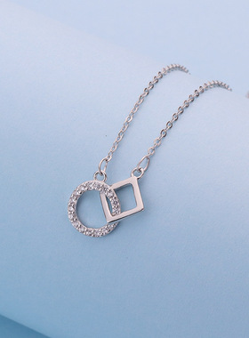 999纯银方圆几何相扣项链女轻奢高级感冷淡风锁骨链满钻吊坠饰品