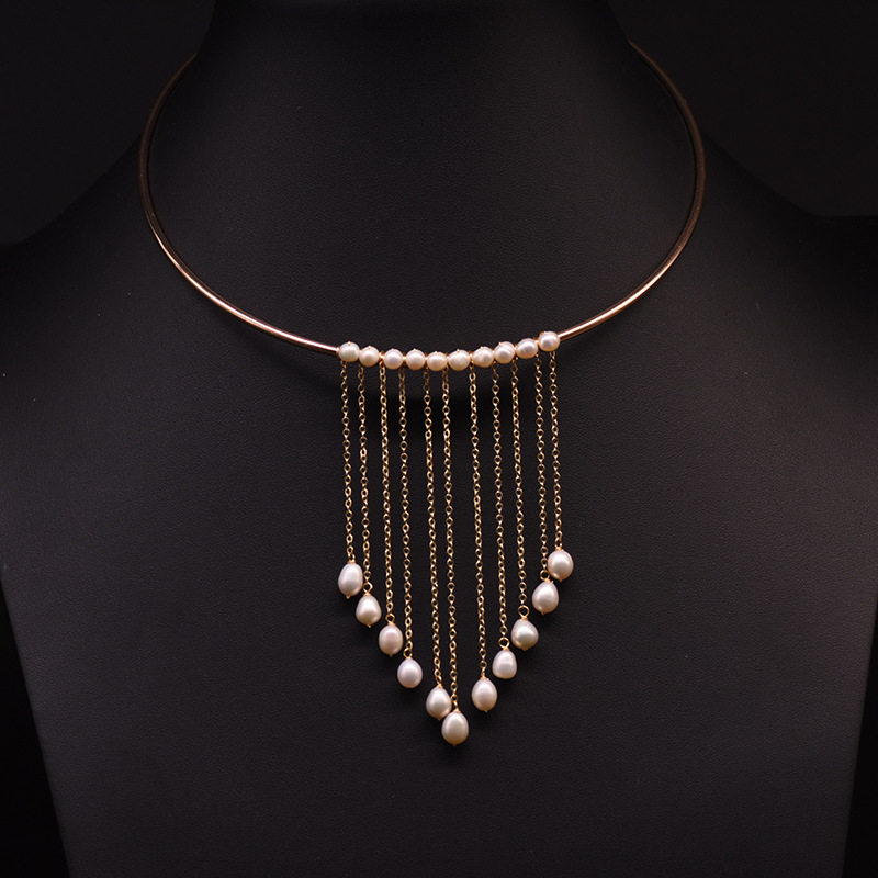 淡水珍珠流苏项圈个性项链复古手工饰品项饰镀18k金镀金项圈