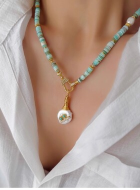 异形巴洛克淡水珍珠锆石项链个性时尚绿色贝壳绿松石设计感锁骨链